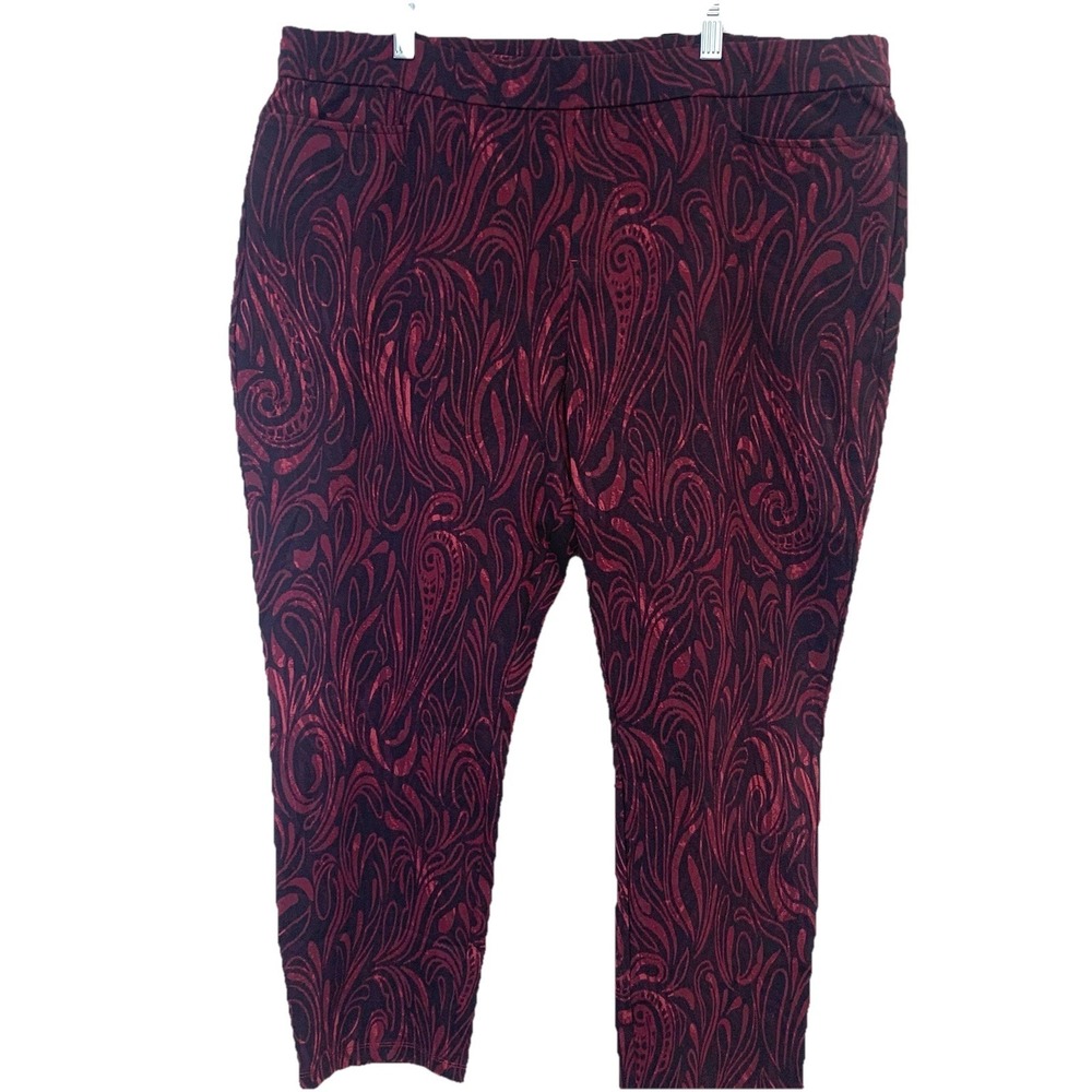 Susan Graver Weekend Pull On Pants Ava Slim Ankle Stretch Black Purple Print PXL